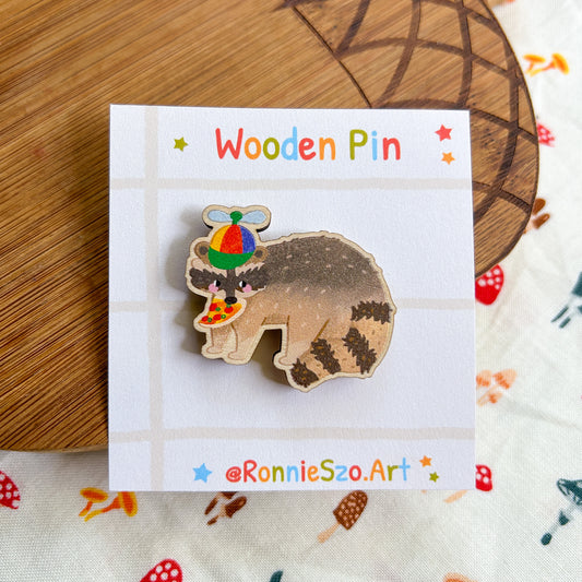 Raccoon Pizza Wood Pin