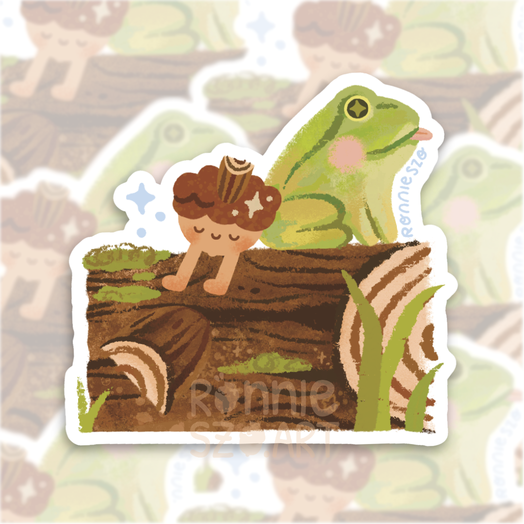 Frog and Acorn on a Log Sticker